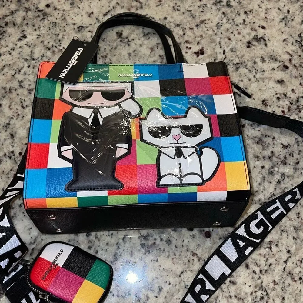 Karl Lagerfeld Womens Check Maybelle‎ Satchel Crossbody Multicombo Medium NWT